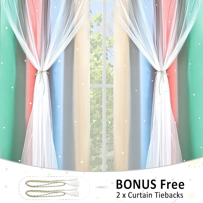 Kinryb Nursery/Kids/Girls Room Star Cut Out Blackout Rainbow Curtain with Sheer Overlay 2 Panels, Each 52 inch Wide,95 inch Length with White Gauze,Ombre Stripe Rainbow Curtains (2 Panels,52x95 Inch)
