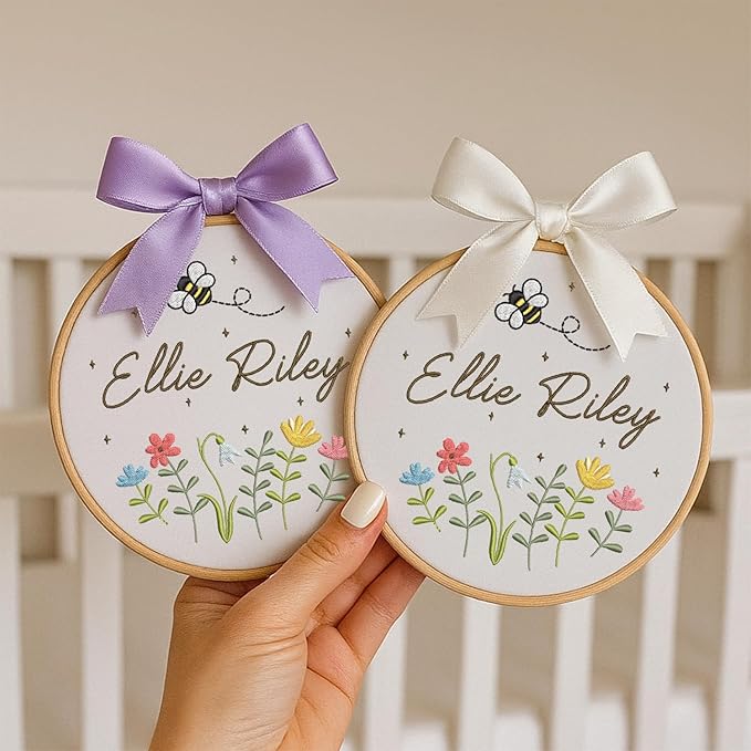 Personalized Baby Name Sign Welcome Baby Announcement Sign Newborn Baby Embroidery Hoop with Bows Baby Hospital Name Sign Custom Infant Baby Name Baby Shower Gifts (07)
