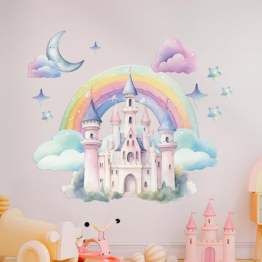 CRYPTONITE Rainbow Wall Decal for Girls Bedroom | Watercolor Castle Vinyl Sticker for Nursery Wall Decor | Cute Stickers for Kids Room, Windows, or Furniture | 3 Sizes (Wide 30" x 26" Height (Medium))
