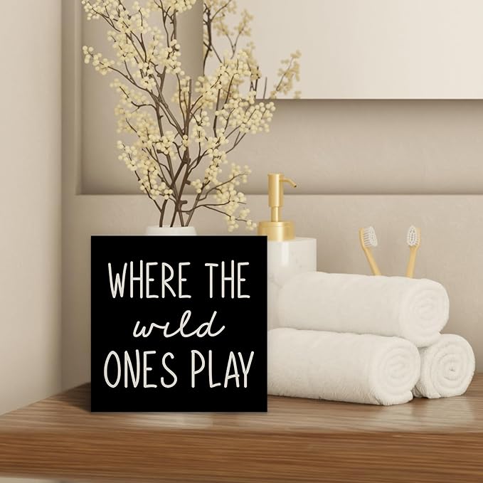 Where The Wild Ones Play Black Wood Box Sign Desk Decor 5X5, Nursery Kids Room Wooden Block Sign Decorations for Playroom Toddler Boys Girls Room Wall Tabletop Shelf Decor
