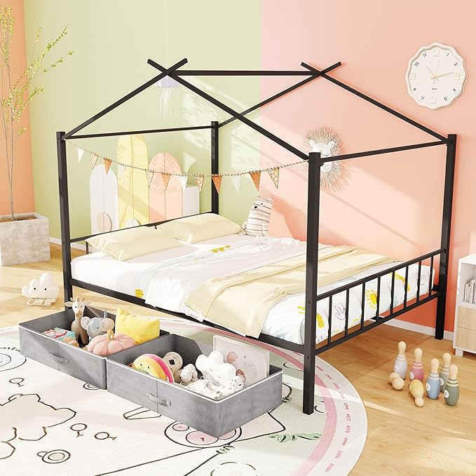 Giantex Full Size House Bed with 2 Storage Drawers, Metal Montessori Bed Frame with Headboard & Footboard, Full House Beds for Kids Girls Boys, No Box Spring Needed, Noise Free (Black)