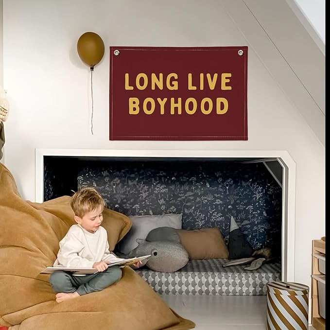 Long Live Boyhood Linen Banner – Boys Room Wall Hanging, Playroom & Nursery Decor, Toddler Room Flag, Aesthetic Boys Bedroom Sign – Burgundy & Mustard Yellow