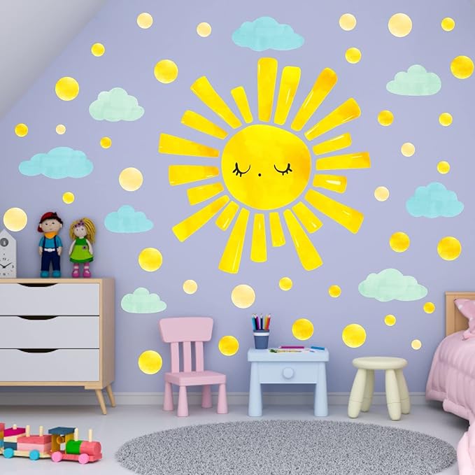 Large Sun Clouds Wall Decals Polka Dots Wall Decals Sun Cloud Wall Stickers for Kids Room Bedroom Nursery Playroom Classroom Decor