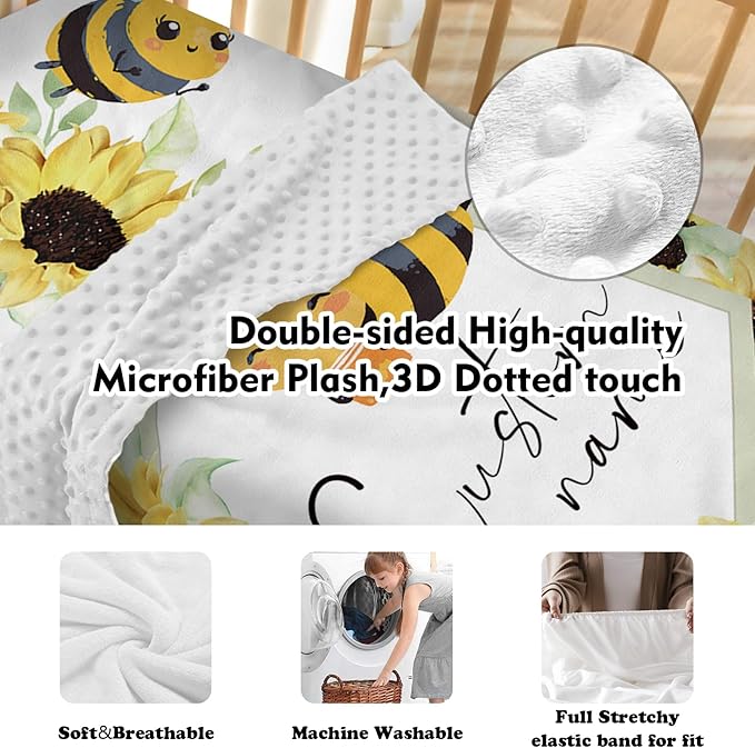 Custom Baby Crib Bedding Set - Yellow Bee Design Personalized Name Baby Nursery Bedding 3 Pcs Set - Chic Soft Blanket, Fitted Sheet, Room Rug for Newborns Boys Girls Gifts