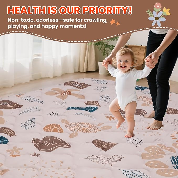 Baby Play Mat for Floor,50x50 Inch Soft Padding Crawling Mat for Playpen, Foldable and Machine Washable, Thick for Babies & Toddlers,Boho Flower