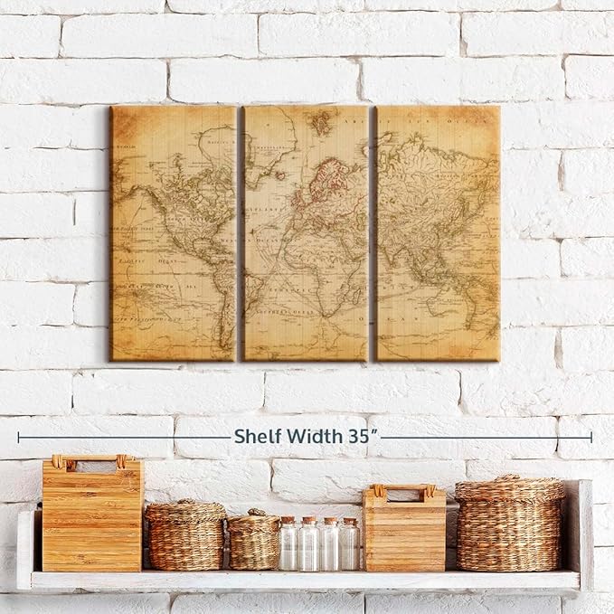 ElephantStock Old Century World Map Wall Art Multi Piece Canvas - 3 Piece Canvas World Map Wall Decor - Wall Decor - Ready-to-Hang Print - Vintage Wall Art - 23" X 14"