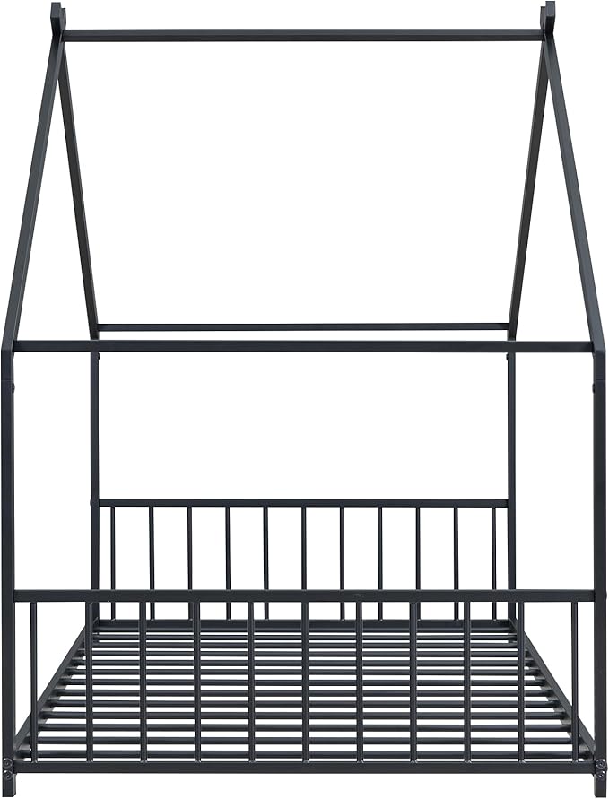 Twin Size House Shaped Montessori Platform Beds, Wood Floor Bed Frame with Roof and Fence Deisgn, Kids Double Toddler Bed for Children Boys Girls, Easy Assemble, No Box Spring Needed, Black
