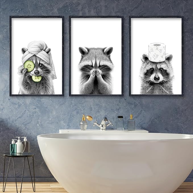 Funny Bathroom Adorable Raccoon Wall Art Decor 16x11 Inch Set Of 3 Laundry Animal Prints Wooden Framed Signs Rustic Washroom Interesting Modren Artwork Wall Hanging Deoration (Black)