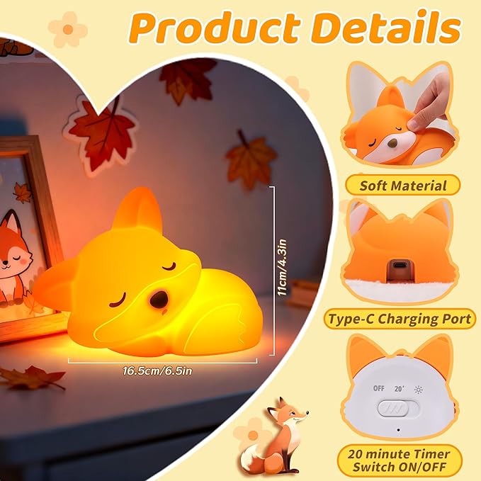 Attivolife Fox Night Light, Squishy Fox Animal Silicone Lamp Gifts for Kids, Rechargeable Nursery Bedside Touch Nightlight wtih Dimmable Timer, Novelty Birthday Xmas Presents for Toddler Baby Girl