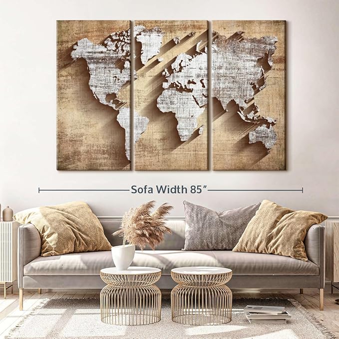 ElephantStock Dimensional World Map II Multi Piece Canvas - 3 Piece Canvas World Map Wall Decor - Wall Decor, Ready-to-Hang Print - Vintage Wall Art - 74" X 48"