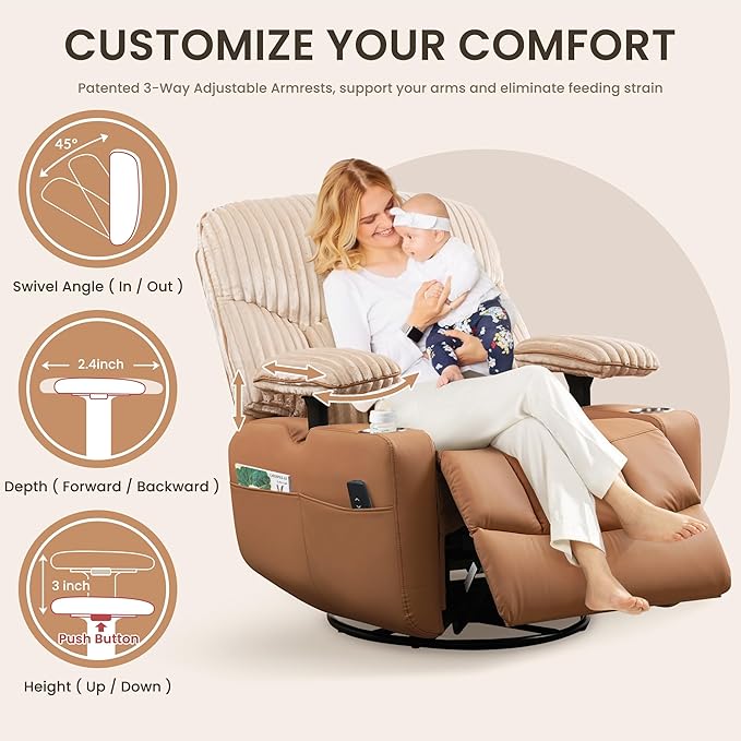 SUNWAVE Power Nursery Rocking Chair with Adjustable Armrests, Nursing Chair with USB, Cup Holders & Blanket, Swivel Rocker Recliner with Corduroy and PU Leather Mixed Fabric (Brown)