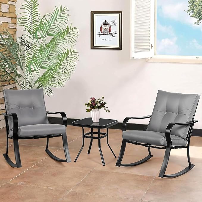 Oakcloud Oakmont Outdoor Furniture 3 Piece Conversation Bistro Set Rocking Chairs and Glass Top Table, Thick Cushions, Black Steel (Grey)