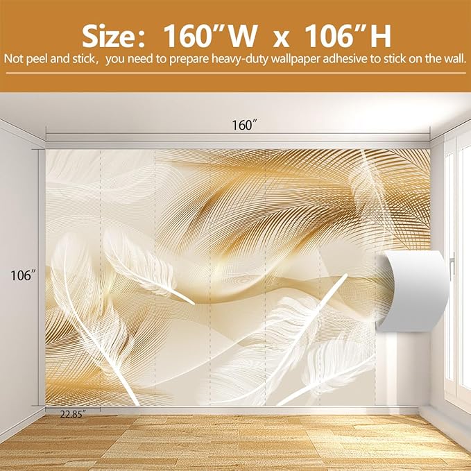Gold and White Feather Wallpaper for Living Room Bedroom（Not Peel and Stick）