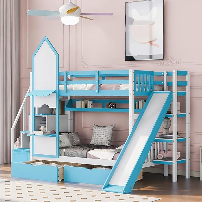 MERITLINE Twin Over Twin Castle Bunk Bed with Slide,Stairs and Drawers,Solid Wood Floor House Princess Bunk Bed with Storage Shelves (Blue)