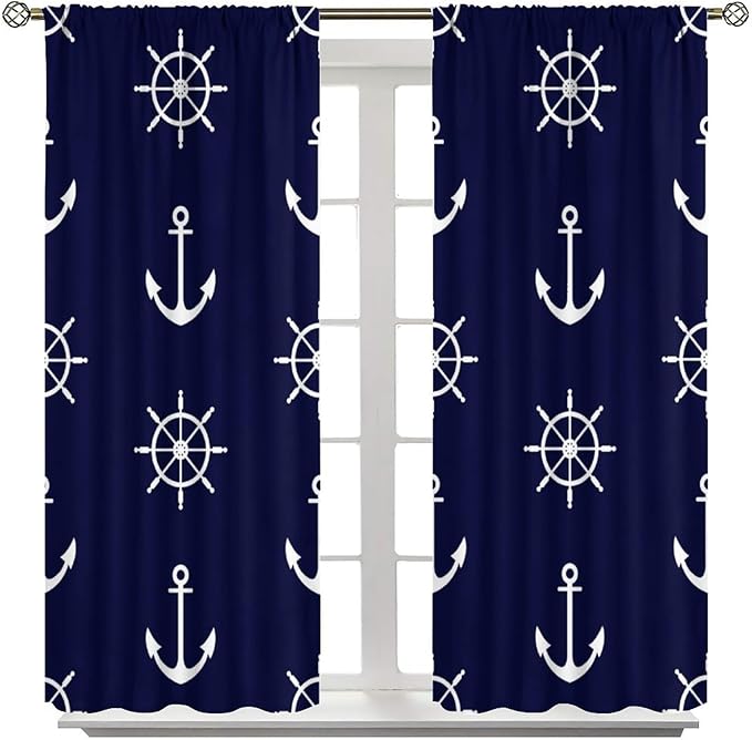 Nautical Rudder Curtains,MarineThemed Oceanic Anchor Pattern Blackout Print Home Bedroom Living Room Window Treatments 2 Panel Set 42x63 Inch