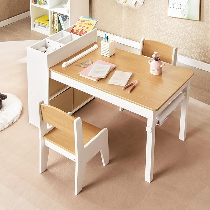 Costzon Kids Table and Chairs, 3 in 1 Wooden Art Drawing Table with 2 Chairs, 4 Fabric Bins, Multiple Open Storage Compartments & a Paper Roll, Toddler Table and Chair Set (Natural)