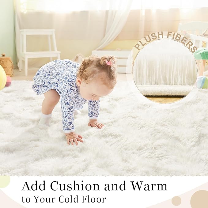 BENRON Fluffy Rugs for Living Room 5x8 Cream White, Washable Large Area Rugs for Bedroom Dining Table Office Kids Nursery Room, Washable Indoor Floor Carpets