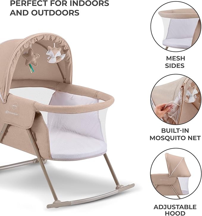 Kinderkraft LOVI Travel Bassinet for Baby, Portable Folding Baby Bed with Built-in Mosquito net, Adjustable Hood and an Additional Cradle Function, Beige
