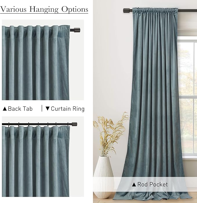 StangH Stone Blue Velvet Drapes 96 inches Long, Back Tab Heavy Thick Sliding Door Curtains for Living Room, Room Darkening Privacy Window Panels for Nursery Kids Bedroom, W52 x L96, 2 Panels