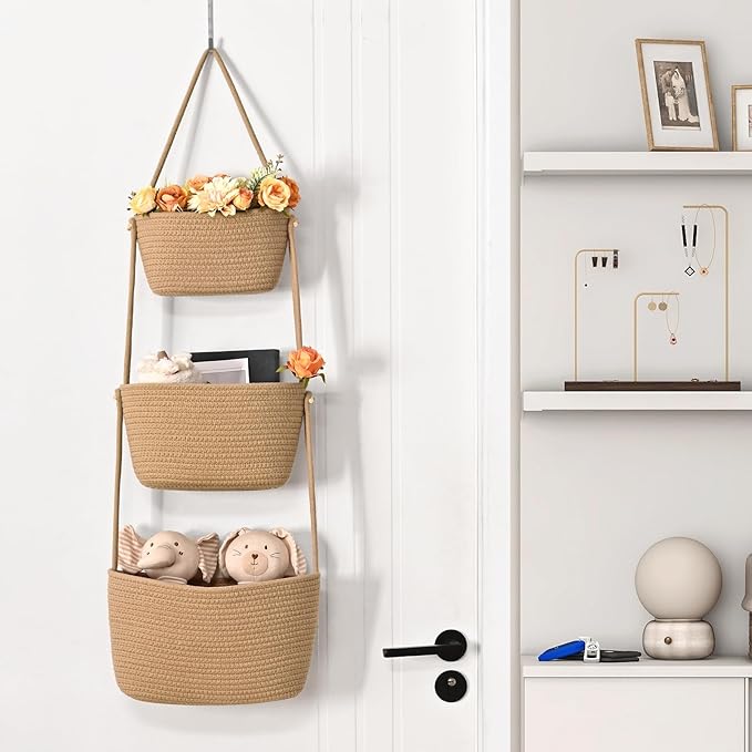 Hanging Storage Baskets, 3-Tier Over the Door Basket, Cotton Wall Baskets Storage, Detachable Hanging Door Basket with 4 Hooks, Over the Door Organizer Nursery for Bedroom, Living Room, Bathroom Wall