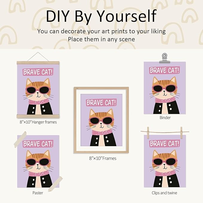 VONTP Funny Cat Bear Wall Art Decor, Cat Bear Animal Nursery Prints Poster Wall Decorations for Kids Boys Girls Nursery Toddler Room Bedroom Playroom Classroom, 8x10 Inch Set of 4 (Unframed)