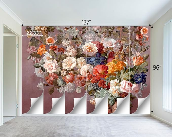 Colorful Floral Leaf Bathroom wallpeper Living Room Bedroom Pink Flower Wall Mural - 137"x96" (Not Peel and Stick)