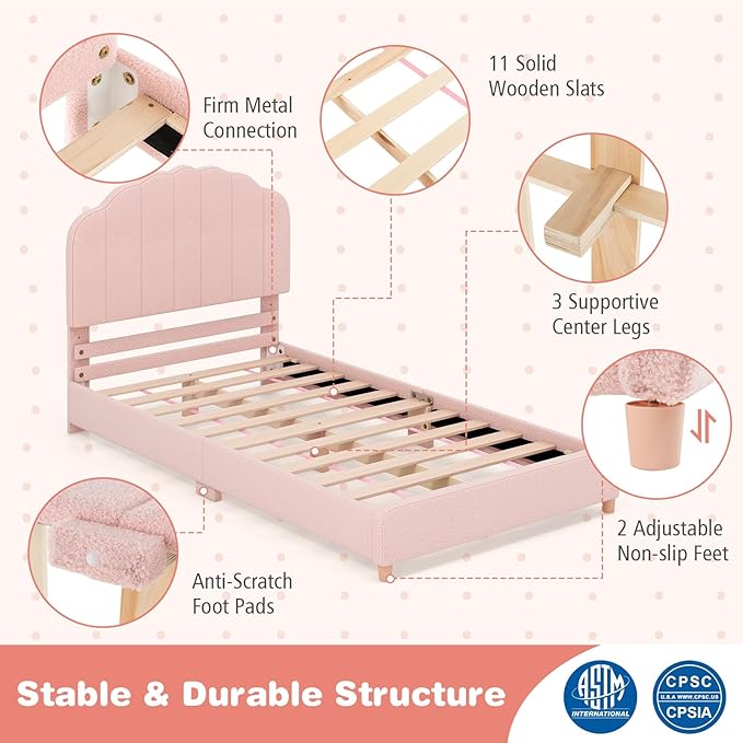 Costzon Twin Bed Frames with Adjustable Headboard, 660 LBS Weight Capacity Upholstered Wooden Kids Bed w/Slats Support, No Box Spring Needed, Easy Assembly, Twin Platform Bed Frame (Pink Shell)