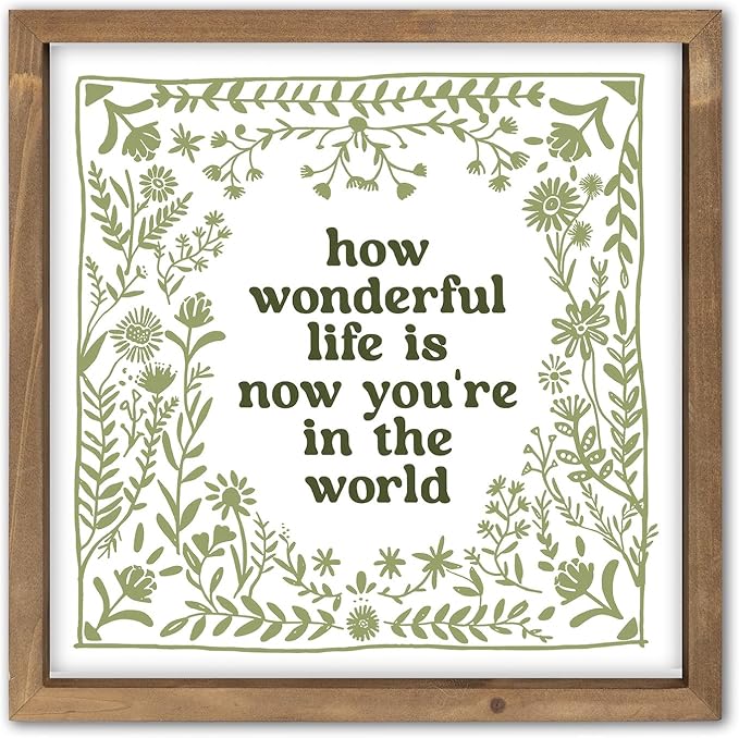 pechpell 11.8 Inch Nursery Wall Decor, Green Wooden How Wonderful Life Is Now You're In The World Sign, Boho Vintage Baby Girl Woodland Nursery Art Kids Room Playroom Table Shelf Decorations for Home