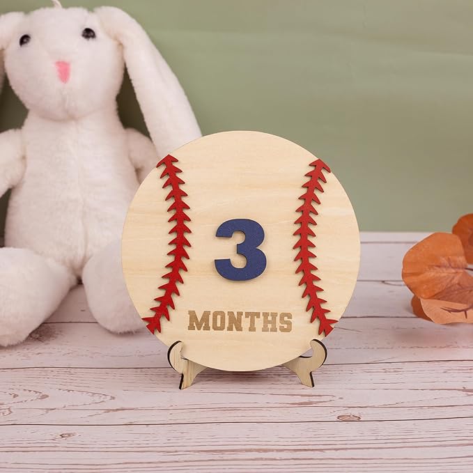 Wooden 3D Baby Monthly Milestone Cards Monthly Milestone Discs Newborn Photography Props Baby Announcement Sign Baby (Baseball)