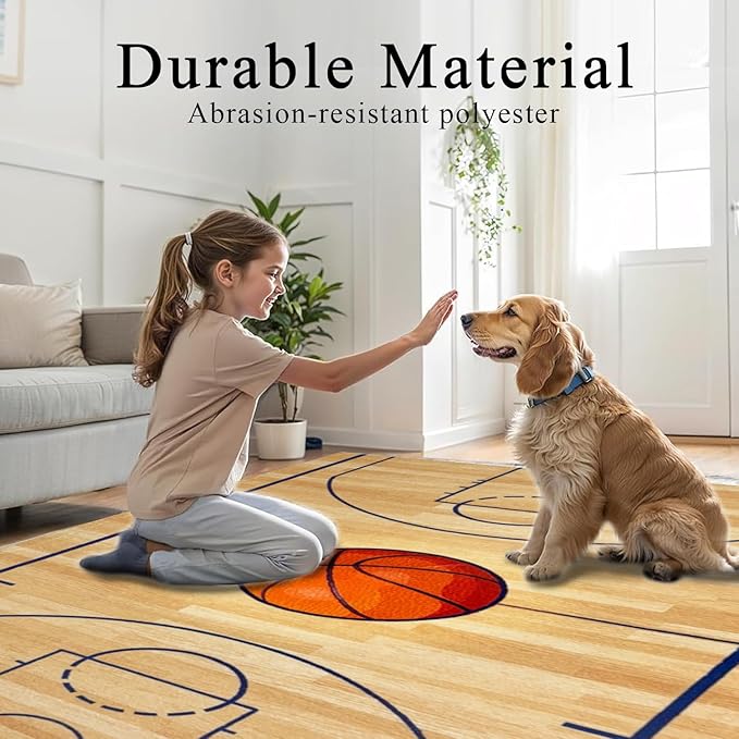 Basketball Rug 8x10 Washable Low Pile - Non Slip Sports Carpet for Boys Bedroom Decor, Kids Game Room Mat Area Rug Man Cave Carpet Mat