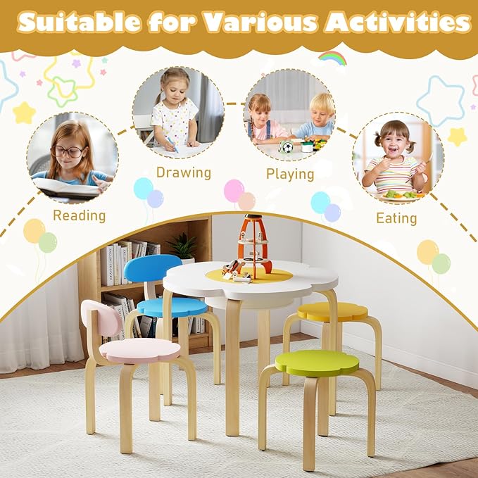 HONEY JOY Kids Table and Chair Set, Wooden Toddler Flower-Shaped Table and 4 Chairs w/Storage for Art Craft, Dining, 5-Piece Children Furniture for Daycare, Kindergarten, Playroom (Colorful + White)