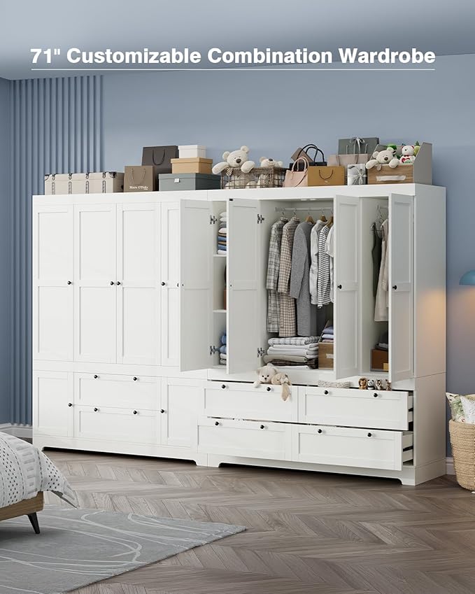 8 Door Large Wardrobe Closet 71" Tall White Wooden Freestanding Storage Armoire – Oversize Capacity Modular Cabinet with Drawers, Space-Saving Durable Design for Bedroom & Closet Organization