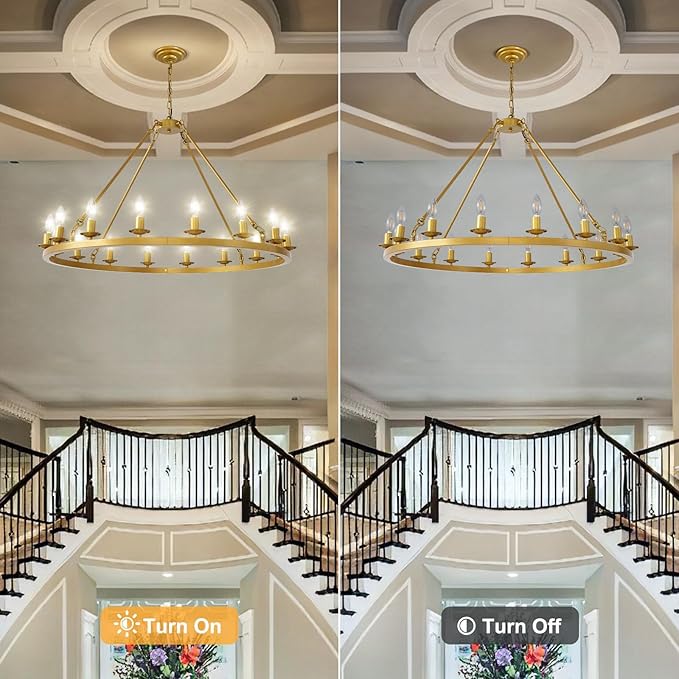 Wagon Wheel Chandelier, 16-Light Gold Round Modern Farmhouse Chandelier with Adjustable Height Hanging Island Light Fixture for High Ceiling Dining Room, Kitchen, Living Room, Entryways, Foyer