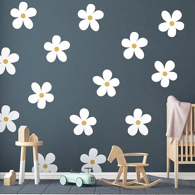 TaoBary 12 Sheets Daisy Wall Decal Flower Wall Sticker Cute Daisy Sticker Pink White Flower Decal Peel and Stick Floral Wallpaper for Nursery Bedroom Home Decor(White, Yellow,Charming Style)