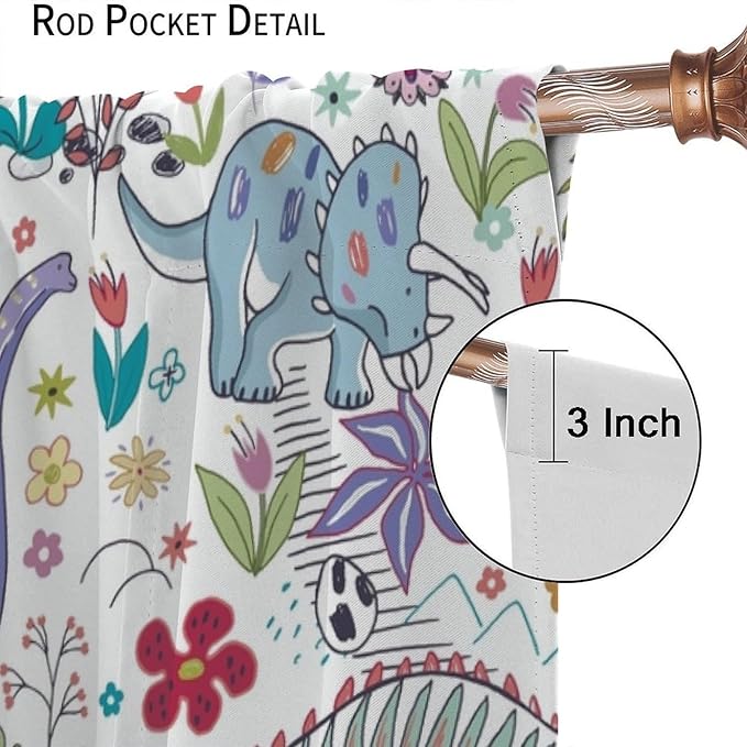 Dinosaur Curtains Cartoon Cool Funny Dino Tropical Plant Leaves Flowers Aesthetics Art Print for Kids Boys Bedroom Living Room Rod Pocket Decoration Window Drapes 2 Panels W21xL54in