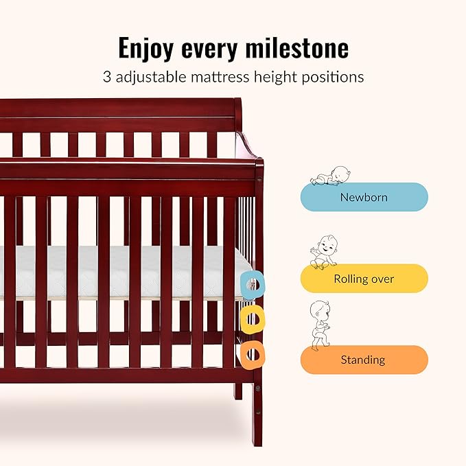 Dream On Me Aden 4-in-1 Convertible Mini Baby Crib in Cherry, GreenGuard Gold & JPMA, Sustainable Pinewood, Non-Toxic Finish, 3 Mattress Heights, Converts to Mini Day & Twin-Size Bed