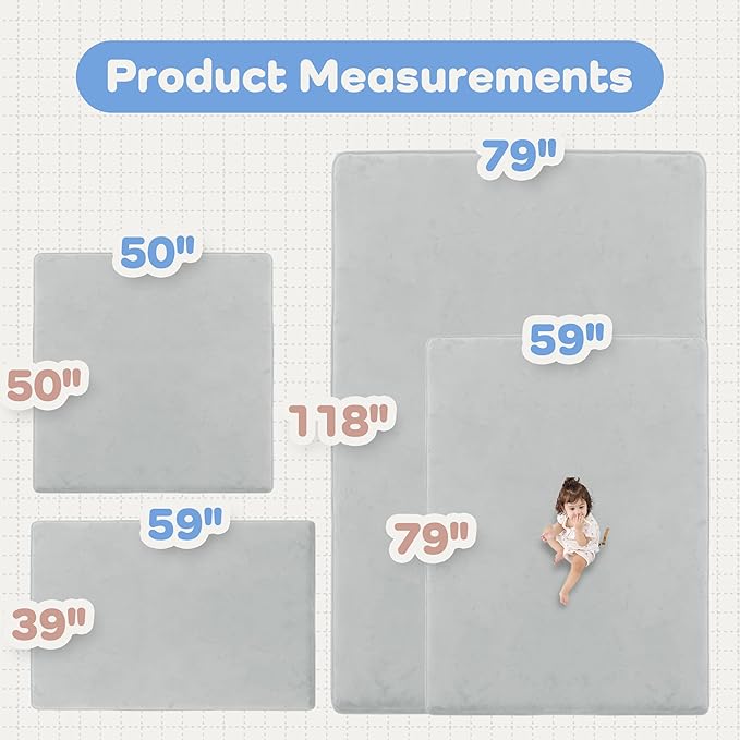 1.5" Thick Baby Play Mat for Floor, 50x50 Playpen Mat, Pro Soft Flannel Foam Mats Toddler Infant Kids Crawling for Nursery Rug Playroom Living Room Waterproof Easy Care Non-Slip (Light Grey)