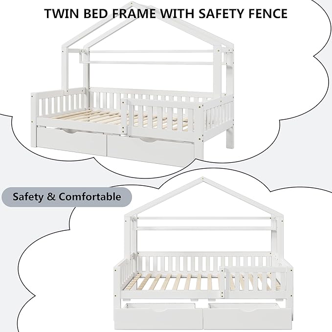 Aoowow Twin Size House Bed with Storage Drawers and Shelf,Kids Wooden Bed Frame Twin Platform Bed with Slats and Fence for Boys Girls Teens for Bedroom(White)