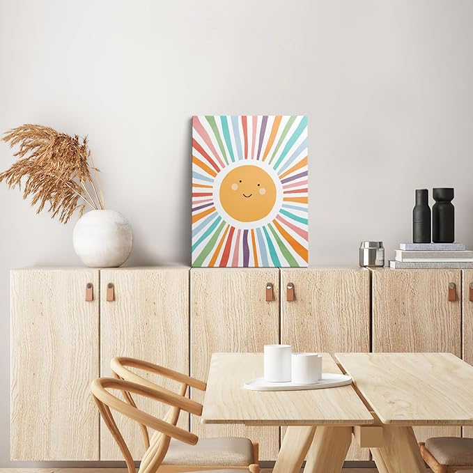 XWELLDAN Cute Cartoon Smiling Sun Cheerful Nursery Wall Art Canvas Prints,Watercolor Boho Neutral Sun Sunshine Wall Art Decor for Kids Baby Bedroom Nursery Playroom, 11 x 14 Inch（multi color）