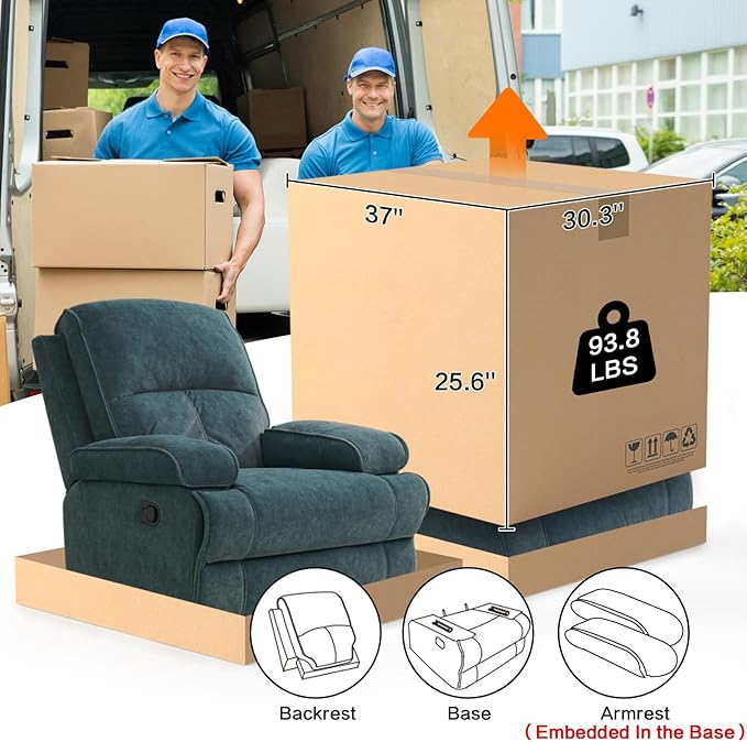 Manual Rocker Recliner Chair for Adults, High Back Glider with Deep Seat, Upholstered Fabric Armchair for Living Room & Nursery, Blue