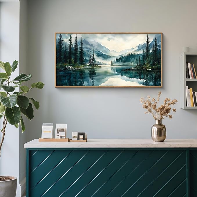 HLNIUC Green Foggy Forest Mountain Wall Art Framed,Large Boho Watercolor Pine Tree Wall Decor (20"x40"), Nature Dark Lake Landscape Scenery Canvas Painting for Living Room, Bedroom, Office