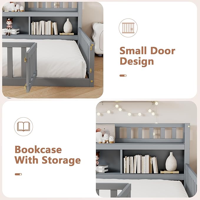 mikibama Twin Size Floor Bed with Side Bookcase and Shelves, Montessori Floor Bed with Guardrails for Bedroom, Wood Full Floor Bed Frame with Storage for Girls, Boys, Grey