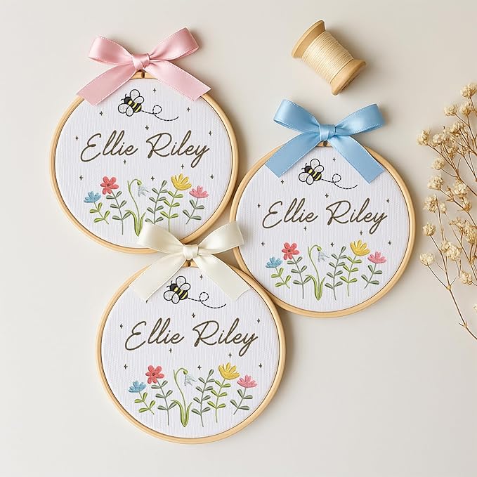 Personalized Baby Name Sign Welcome Baby Announcement Sign Newborn Baby Embroidery Hoop with Bows Baby Hospital Name Sign Custom Infant Baby Name Baby Shower Gifts (07)