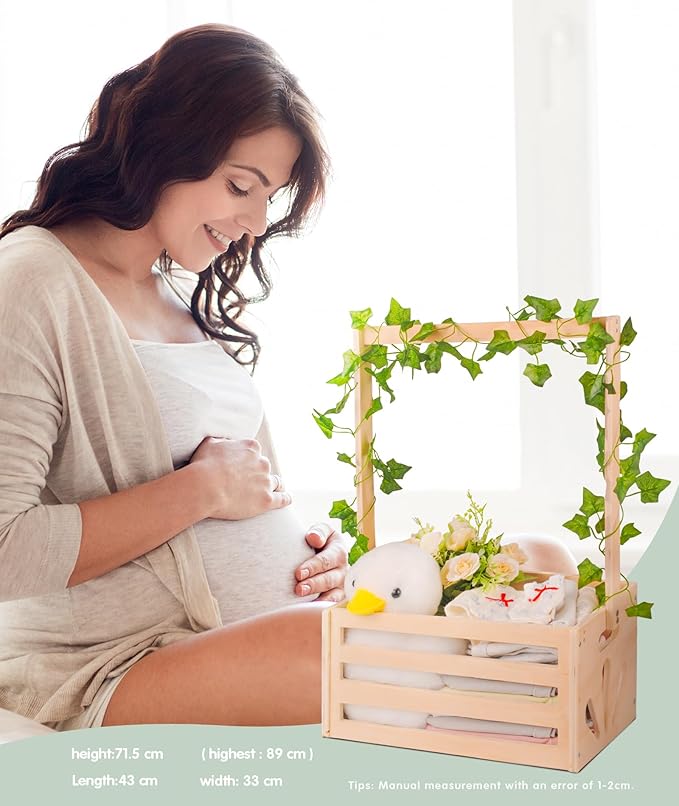 Wooden Baby Shower Crate Closet, Baby Shower Basket with Garland, Welcome Gift Basket Wooden Crate for Baby Shower, Newborn Boys Girls Pregnancy Gifts for New Parents-13.5" L