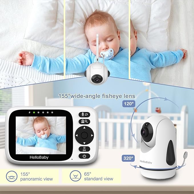 HelloBaby Baby Monitor with Camera and Audio, 3.2'' IPS Screen, No WiFi, 2-Way Talk, Night Vision, Remote Pan-Tilt-Zoom, VOX/ECO Mode, 8 Lullabies, 1000ft Range, Temperature Display, HB6339