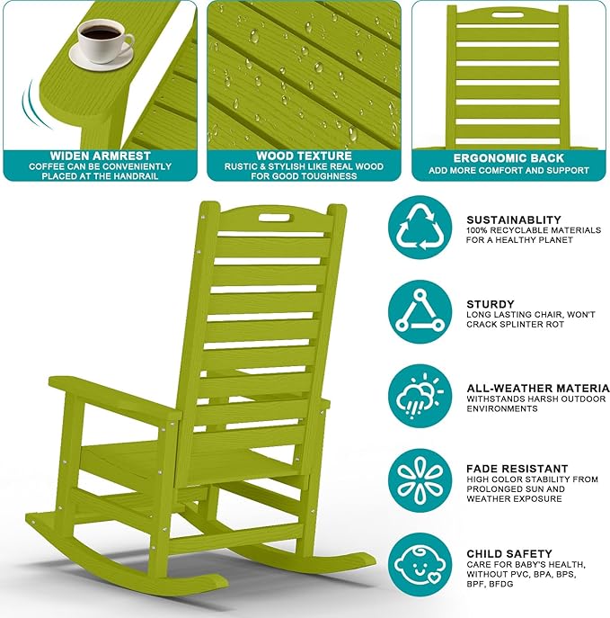 Outdoor Rocking Chair Set of 2 with Removable Footboard for Adults, HDPE High Back Patio Rocking Chairs, 330lbs All Weather Porch Rocking Chairs for Outdoor & Indoor -Pistachio Green