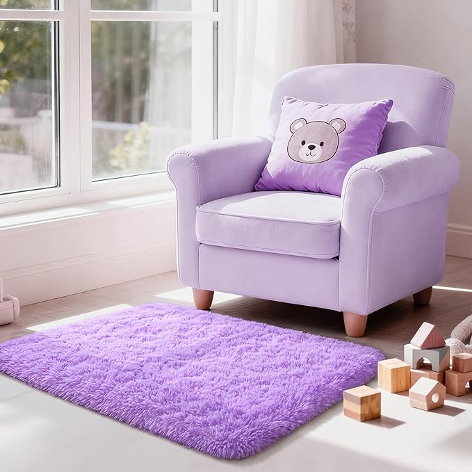 Merelax Fluffy Rug Shaggy Area Rug, Purple 2x3 Small Rugs for Bedroom, Mini Fuzzy Plush Kids Bedside Rug, Soft Non-Slip Entryway Throw Rugs Shag Catpet for Living Room Nursery Room Home Decor