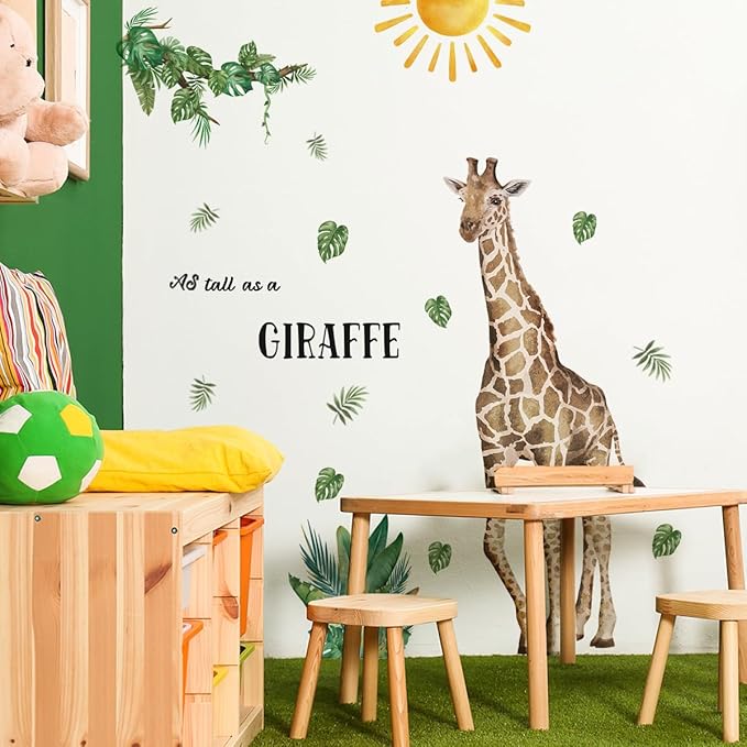 Large Giraffe Wall Decals Boho Sun Tropical Green Leaves As Tall As a Giraffe Wall Stickers for Boys Bedroom Toddler Room Nursery Daycare Classroom Wall Decor