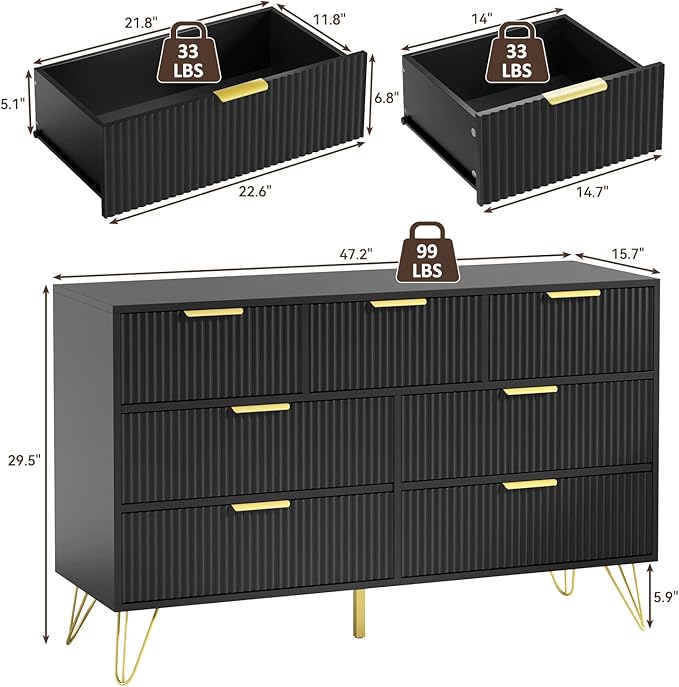 LYNSOM Fluted Dresser for Bedroom, Black 7 Drawer Dresser with Gold Handles and Wide Drawers, Wood Chest of Drawers for Bedroom, Hallway