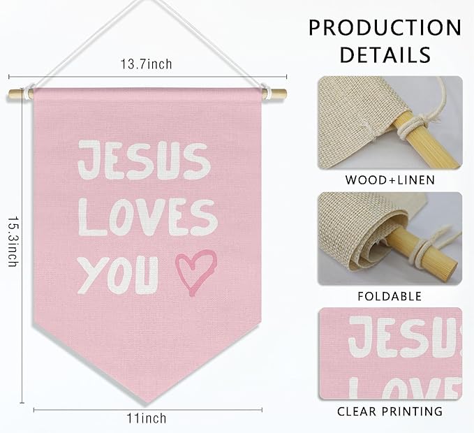 Pink Christian Wall Art for Kids Baby Girl Nursery Classroom Toddler Room Bedroom, Kid Bible Verse Wall Decor Banner Hanging Pennant, Jesus Loves You, 15x11in